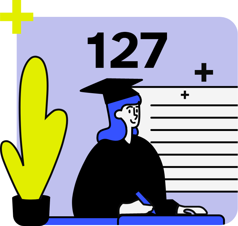 Desen cu un absolvent în robă șo numărul 127 scris mare deasupra