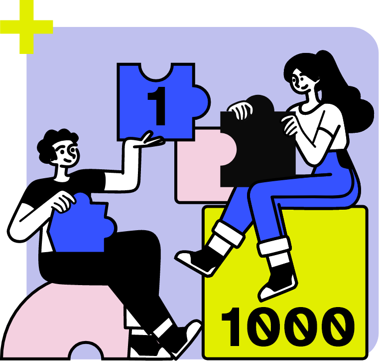 desen cu 2 oameni care stau jos pe un cub și o jumătate de inel, au bucăți de puzzle în mână și pe o bucată scrie 1