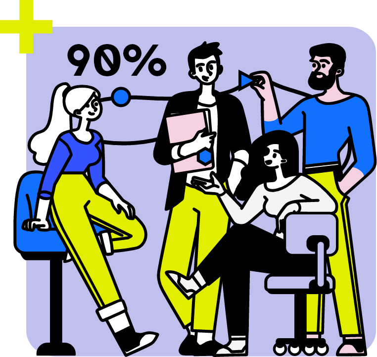 Desen cu un grup de 4 oameni care stau pe scaune și în picioare și vorbesc. În stânga lor și mare 90%
